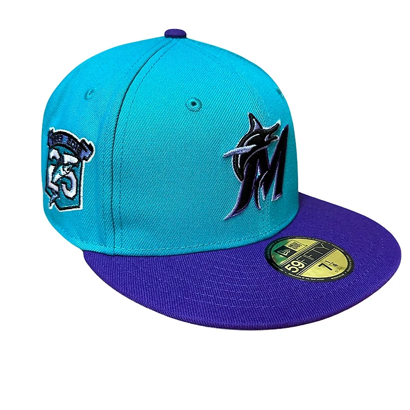 Miami Marlins Teal Two Tone Best Picture Pack 25th Anniversary Patch Lavender UV New Era 59FIFTY Fitted Hat