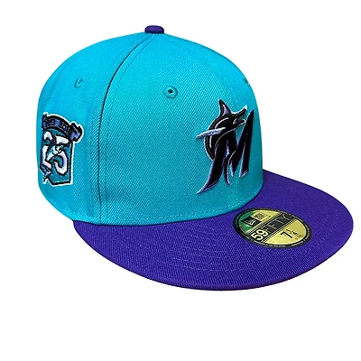 Miami Marlins Teal Two Tone Best Picture Pack 25th Anniversary Patch Lavender UV New Era 59FIFTY Fitted Hat