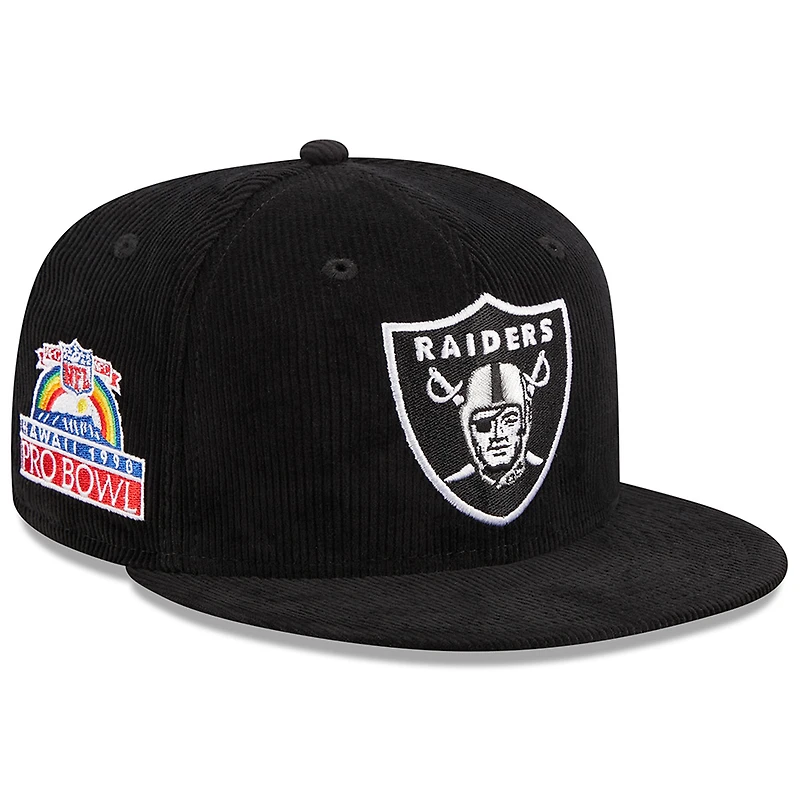 Las Vegas Raiders Black Throwback Corduroy 1990 Hawaii Pro Bowl Patch Gray UV 59FIFTY Fitted Hat