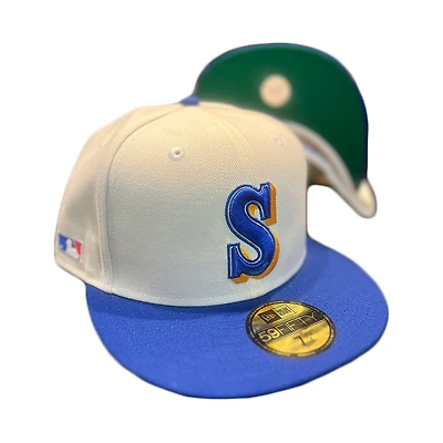 Seattle Mariners Chrome Blue Two Tone A-Wax Classic Pack MLB Logo Patch Green UV New Era 59FIFTY Fitted Hat