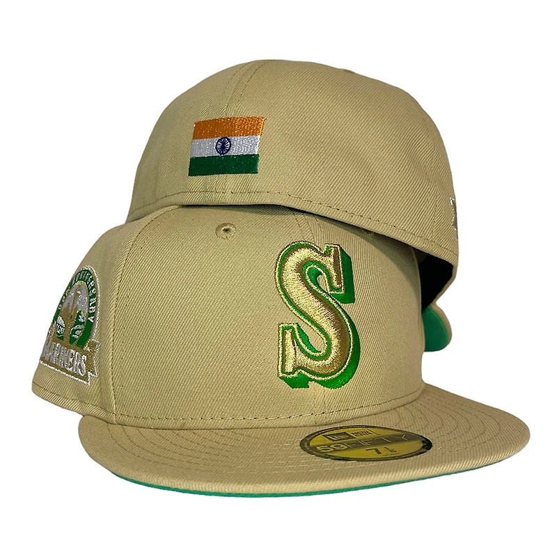 Seattle Mariners Vegas Gold 30th Anniversary Patch India Batterman Island Green UV New Era 59FIFTY Fitted Hat