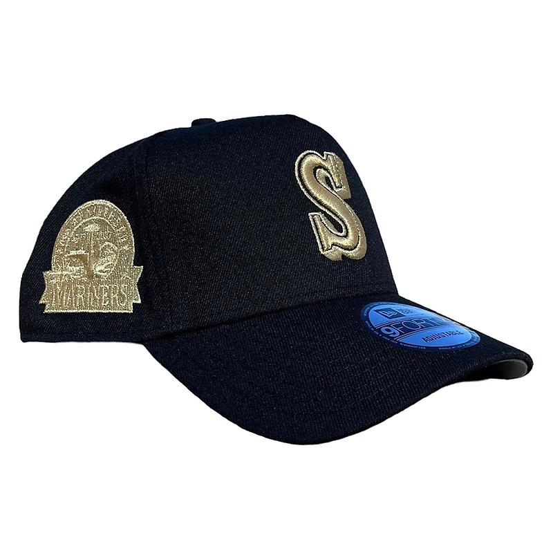 Seattle Mariners Black Metallic Gold Logo & Patch A-Frame New Era 9FORTY Adjustable Hat