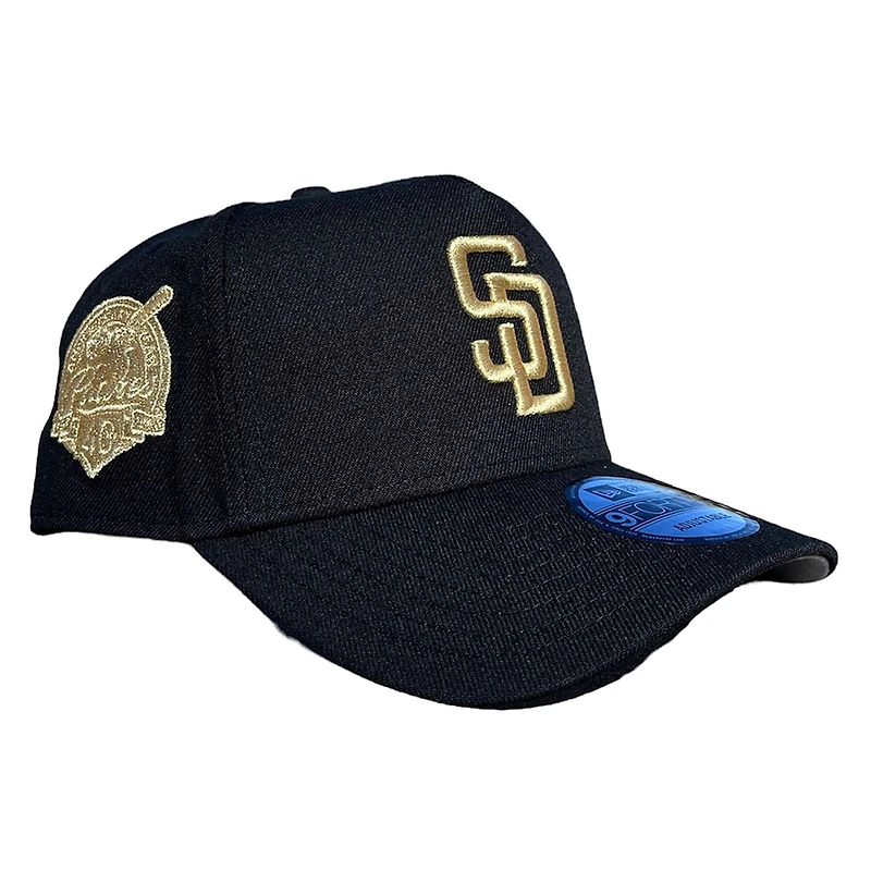 San Diego Padres Black Metallic Gold Logo & Patch A-Frame New Era 9FORTY Adjustable Hat