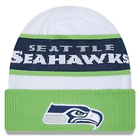 Seattle Seahawks White Neon Green 2023 Sideline Tech Cuffed Knit Hat