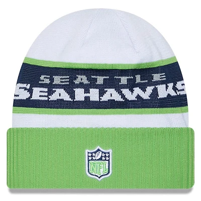 Seattle Seahawks White Neon Green 2023 Sideline Tech Cuffed Knit Hat