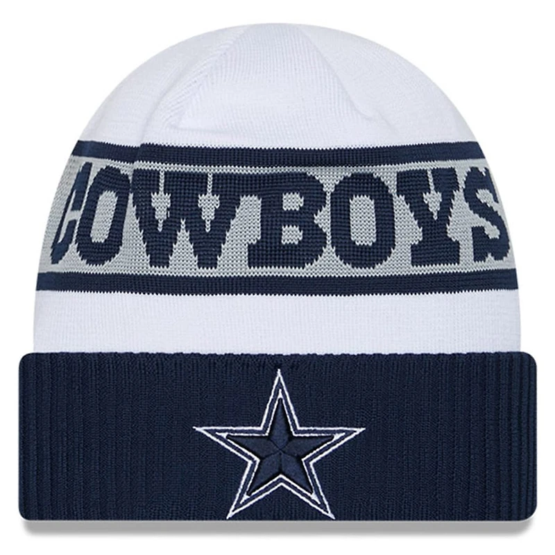 Dallas Cowboys White Navy 2023 Sideline Tech Cuffed Knit Beanie Hat