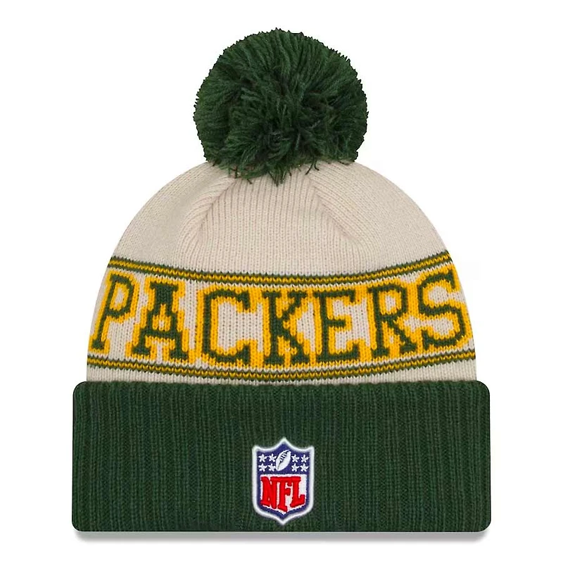 Green Bay Packers Cream Green New Era 2023 Sideline Historic Pom Cuffed Knit Hat