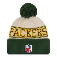 Green Bay Packers Cream Green New Era 2023 Sideline Historic Pom Cuffed Knit Hat