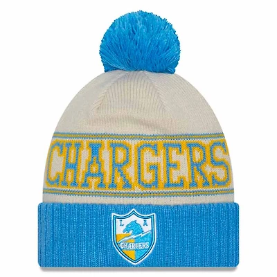 Los Angeles Chargers Cream Powder Blue New Era 2023 Sideline Historic Pom Cuffed Knit Hat