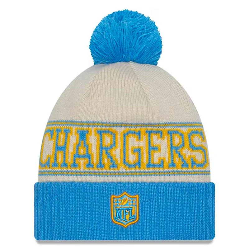 Los Angeles Chargers Cream Powder Blue New Era 2023 Sideline Historic Pom Cuffed Knit Hat