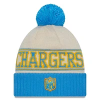Los Angeles Chargers Cream Powder Blue New Era 2023 Sideline Historic Pom Cuffed Knit Hat