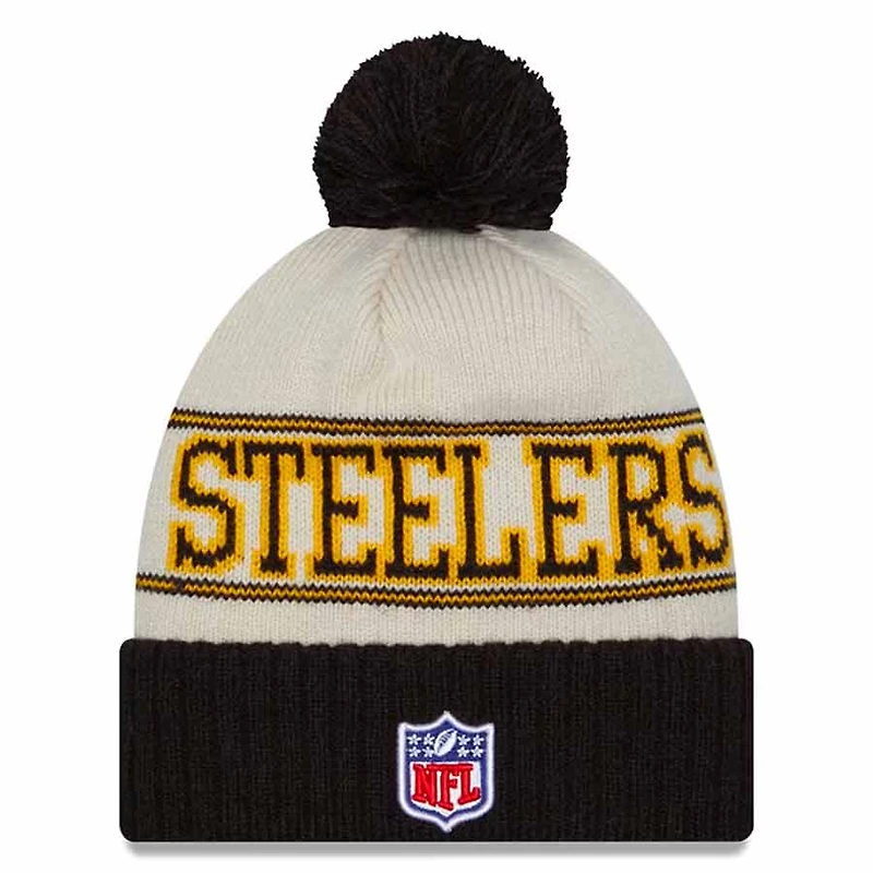Pittsburgh Steelers Cream Black New Era 2023 Sideline Historic Pom Cuffed Knit Hat