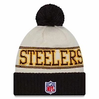 Pittsburgh Steelers Cream Black New Era 2023 Sideline Historic Pom Cuffed Knit Hat