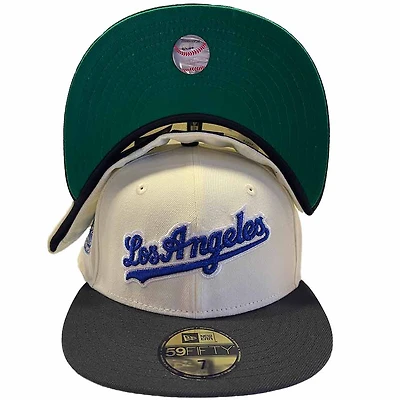 Los Angeles Dodgers Chrome and Black Two Tone Cursive Logo 50th Anniversary Patch Green UV 59FIFTY Fitted Hat