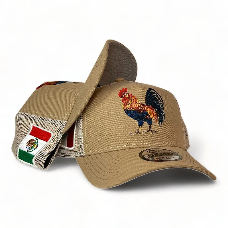 Rooster "El Gallo" Mexico Flag Patch Brown Mesh A-Frame New Era 9FORTY Adjustable Hat