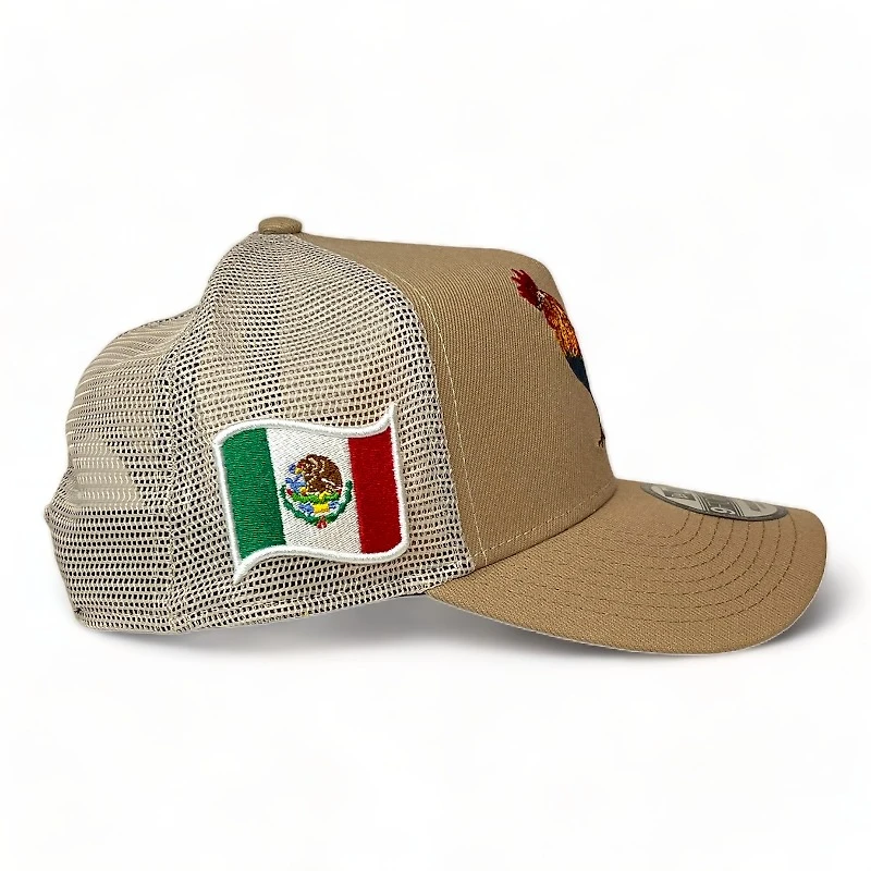 Rooster "El Gallo" Mexico Flag Patch Brown Mesh A-Frame New Era 9FORTY Adjustable Hat