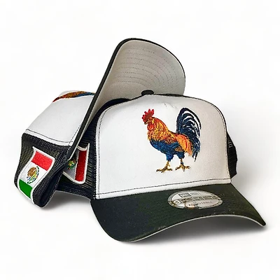 Rooster "El Gallo" Mexico Flag Patch White Black Mesh A-Frame New Era 9FORTY Adjustable Hat