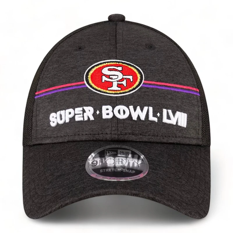 San Francisco 49ers Heather Black Super Bowl LVIII New Era 9FORTY Trucker Adjustable Hat