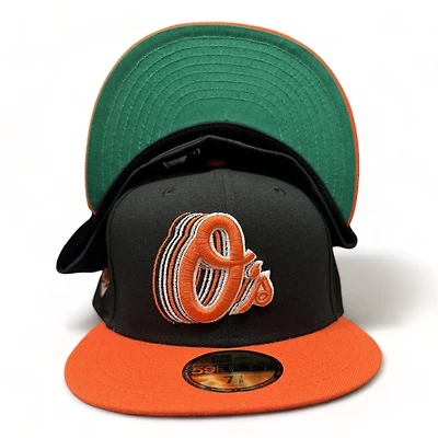 Baltimore Orioles Black Two Tone Cascading Logo 60th Anniversary Patch Green UV New Era 59FIFTY Fitted Hat