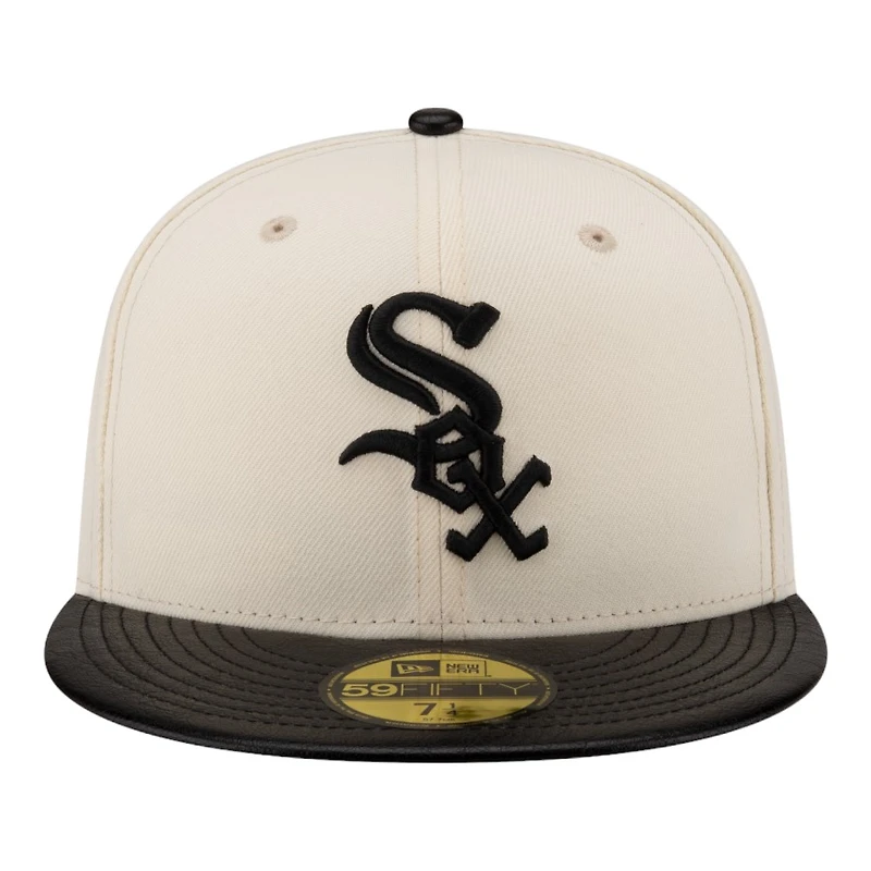 Chicago White Sox Chrome Black Leather Visor New Era 59FIFTY Fitted Hat