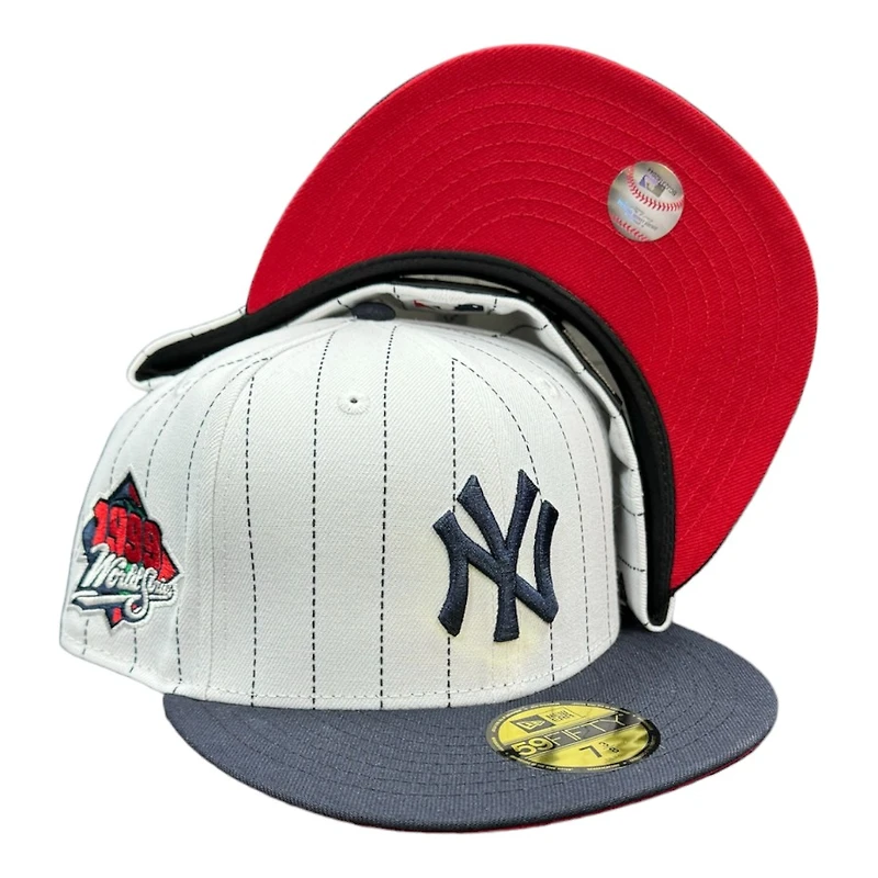 New York Yankees White Navy Pinstripe 1999 WS Patch Red UV Era 59Fifty Fitted Hat