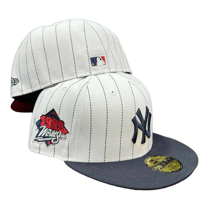 New York Yankees White Navy Pinstripe 1999 WS Patch Red UV Era 59Fifty Fitted Hat