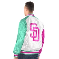 San Diego Padres White Pink Teal City Connect Starter Satin Varsity Full Snap Jacket