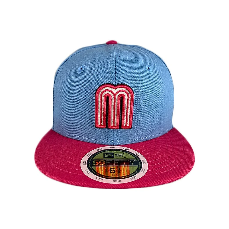 Kids Mexico Sky Blue Pink Two Tone WBC Flag Side Patch Gray UV 59FIFTY Fitted Hat