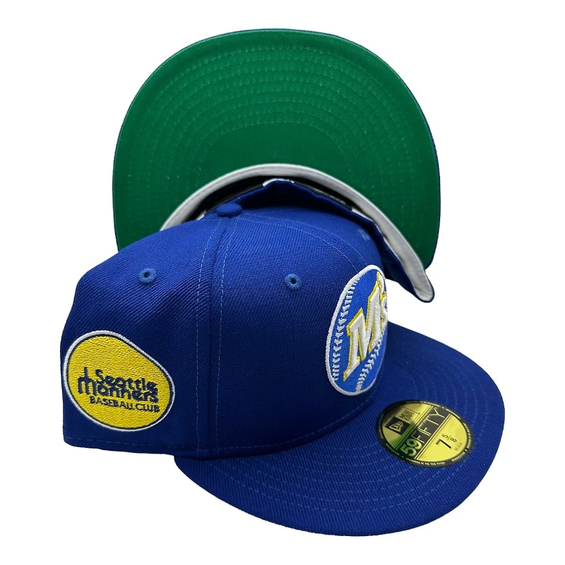Seattle Mariners Cream Royal Blue Baseball Club Patch Green UV New Era 59FIFTY Fitted Hat
