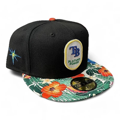 Tampa Bay Rays Black and White Floral Two Tone Gray UV New Era 59FIFTY Fitted Hat