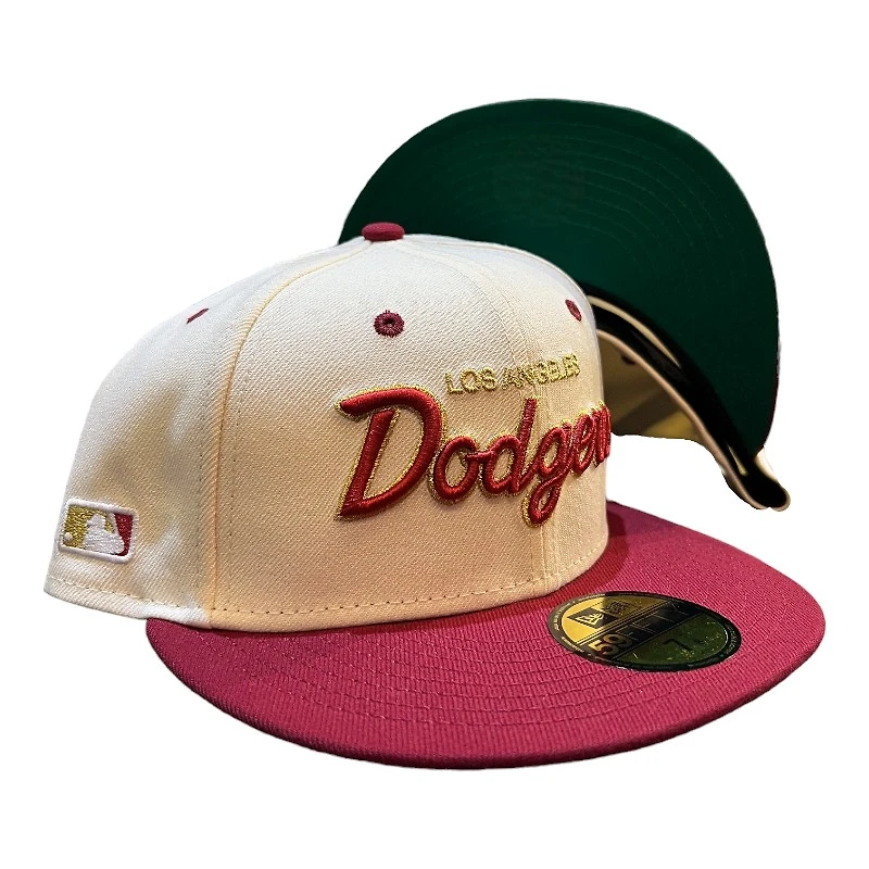 Los Angeles Dodgers Chrome and Maroon Script Traffico Tailgate Pack Side Batty Green UV New Era 59FIFTY Fitted Hat