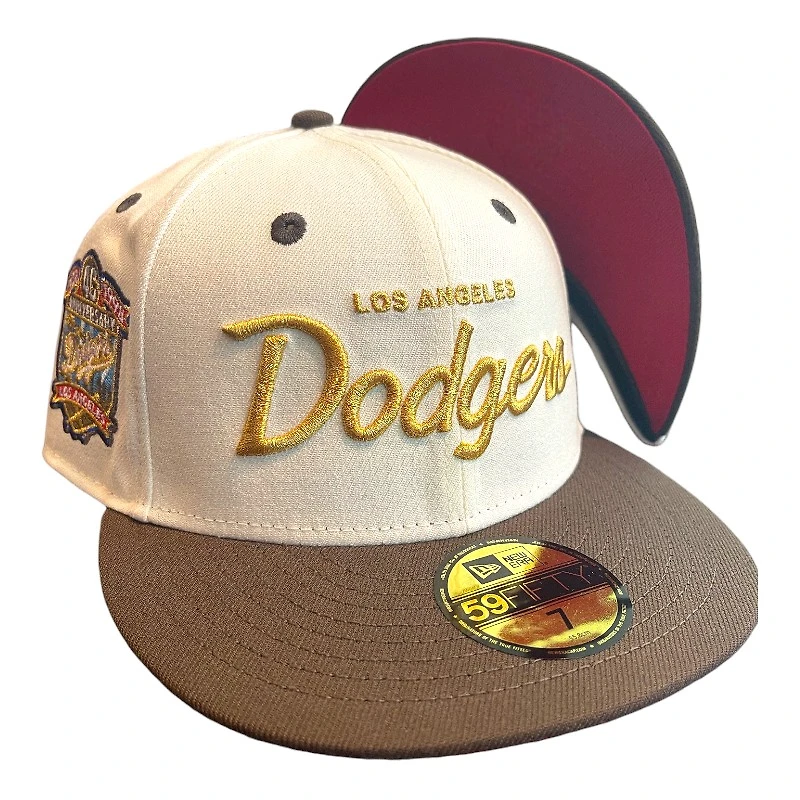 Los Angeles Dodgers Chrome and Brown Script 40th Anniversary Patch Red UV 59FIFTY Fitted Hat