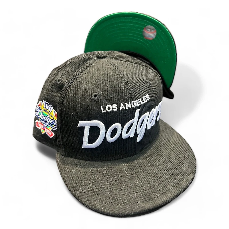 Los Angeles Dodgers Black Corduroy Compton Aux Pack 100th Anni Patch Green UV New Era 59FIFTY Fitted Hat
