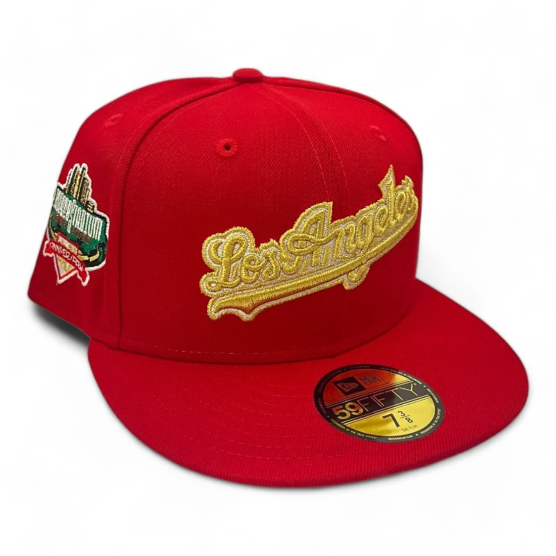 Los Angeles Dodgers Red with Gold Metallic 60th Anni Patch Green UV New Era 59FIFTY Fitted Hat