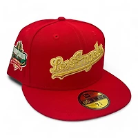 Los Angeles Dodgers Red with Gold Metallic 60th Anni Patch Green UV New Era 59FIFTY Fitted Hat