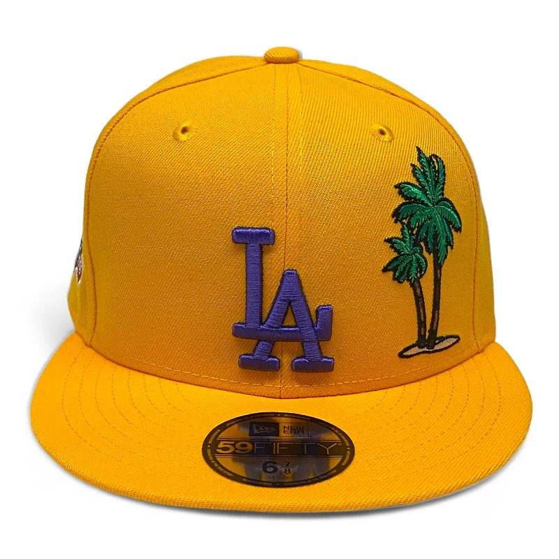 Los Angeles Dodgers LA Gold and Purple with Palm Tree 100th Anniv Patch Gray UV New Era 59FIFTY Fitted Hat