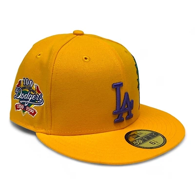 Los Angeles Dodgers LA Gold and Purple with Palm Tree 100th Anniv Patch Gray UV New Era 59FIFTY Fitted Hat