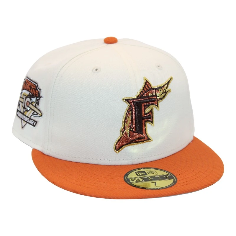 Miami Marlins Cream and Burnt Orange "FHN FittedHat Pack" 10th Anniversary Patch Gray UV New Era 59Fifty Fitted Hat