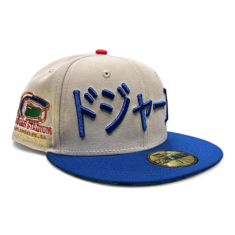 Los Angeles Dodgers Stone Gray and Royal Blue Kanji Stadium Patch Green UV New Era 59FIFTY Fitted Hat