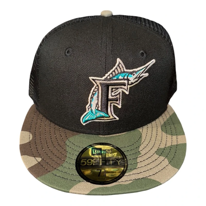 Florida Marlins Black and Woodland Camo Trucker Gray UV New Era 59FIFTY Fitted Hat