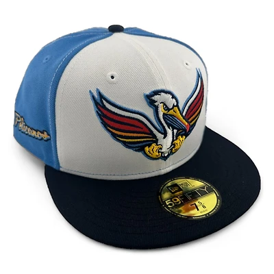 Myrtle Beach Pelicans White and Blue Pelicanos Script Patch Gray UV New Era 59FIFTY Fitted Hat