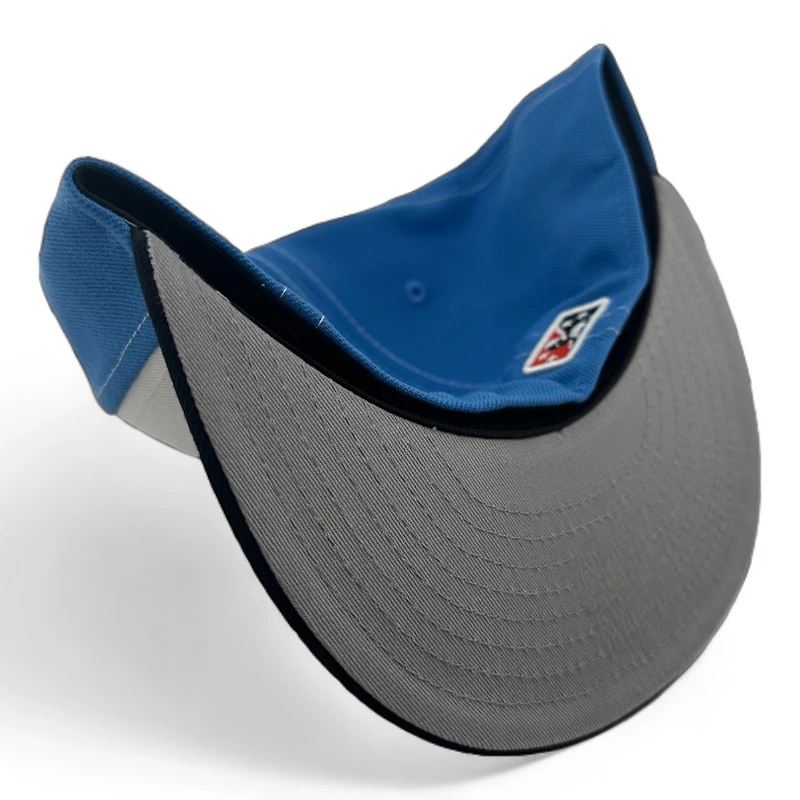 Myrtle Beach Pelicans White and Blue Pelicanos Script Patch Gray UV New Era 59FIFTY Fitted Hat