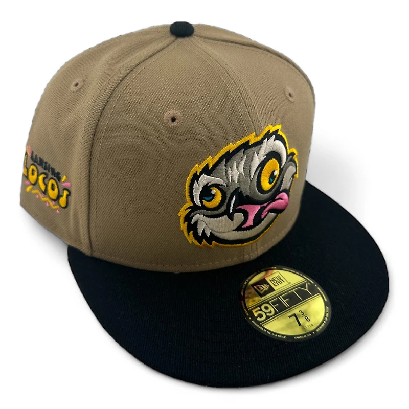 Lansing Lugnuts Tan and Black Locos Patch Gray UV New Era 59FIFTY Fitted Hat