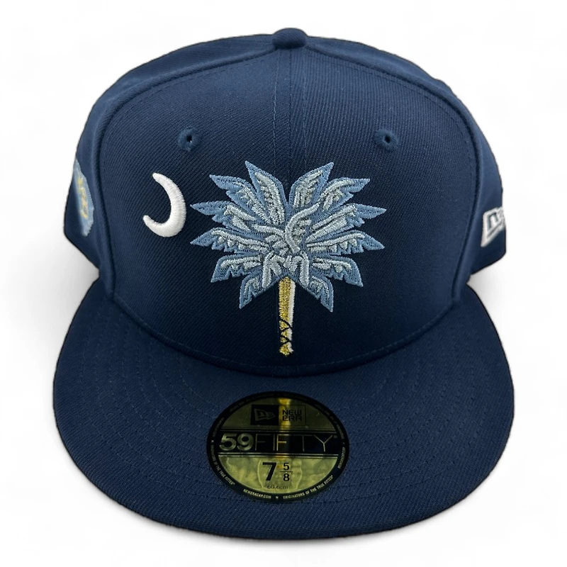 Myrtle Beach Pelicans Navy Palmetto State MB Patch Light Blue UV New Era 59FIFTY Fitted Hat