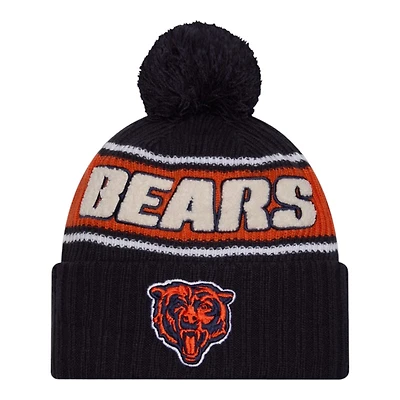 Chicago Bears 2024 NFL Sideline Bear Logo Navy Pom Cuffed Knit Beanie Hat