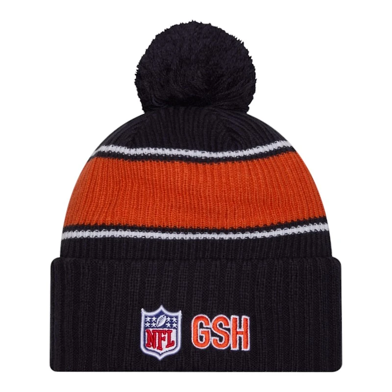 Chicago Bears 2024 NFL Sideline Bear Logo Navy Pom Cuffed Knit Beanie Hat