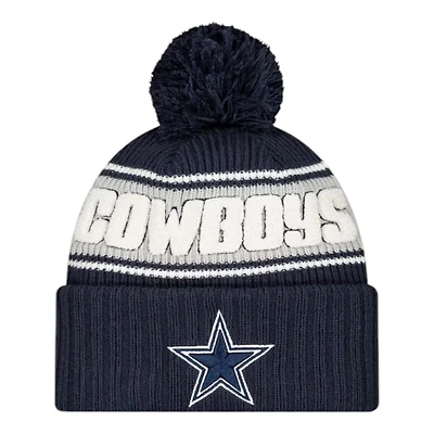 Dallas Cowboys 2024 NFL Sideline Navy Pom Cuffed Knit Beanie Hat