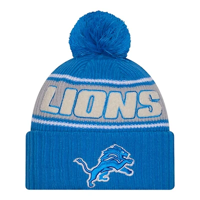 Detroit Lions 2024 NFL Sideline Blue Pom Cuffed Knit Beanie Hat