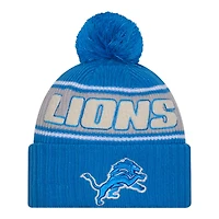 Detroit Lions 2024 NFL Sideline Blue Pom Cuffed Knit Beanie Hat