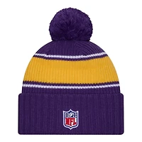 Minnesota Vikings 2024 NFL Sideline Purple Pom Cuffed Knit Beanie Hat